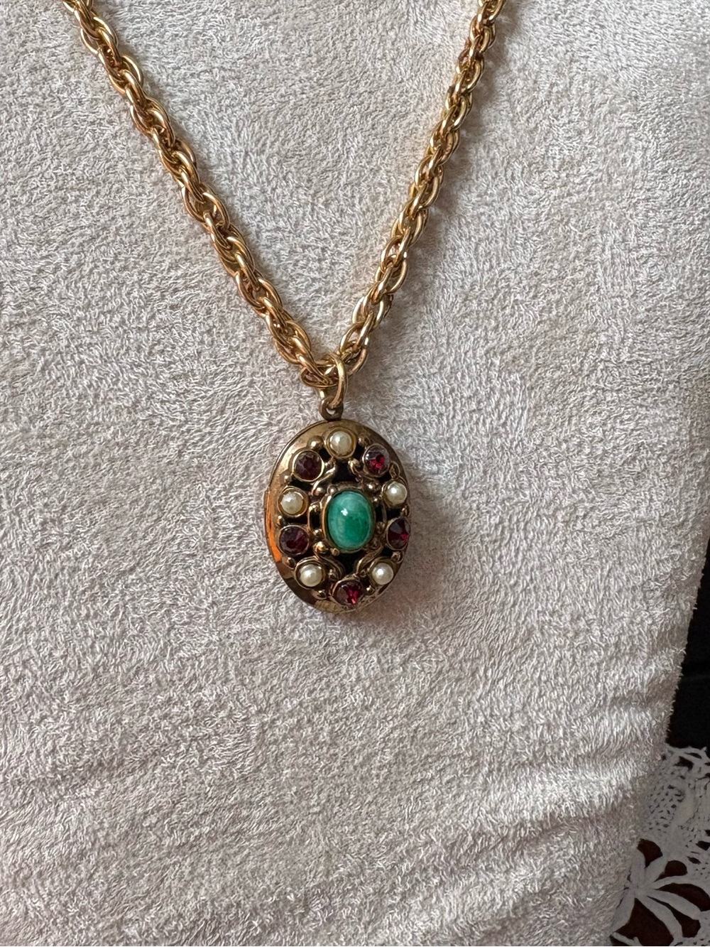 Antique Gold-Tone Locket with Green Glass Cabochon and Pearls